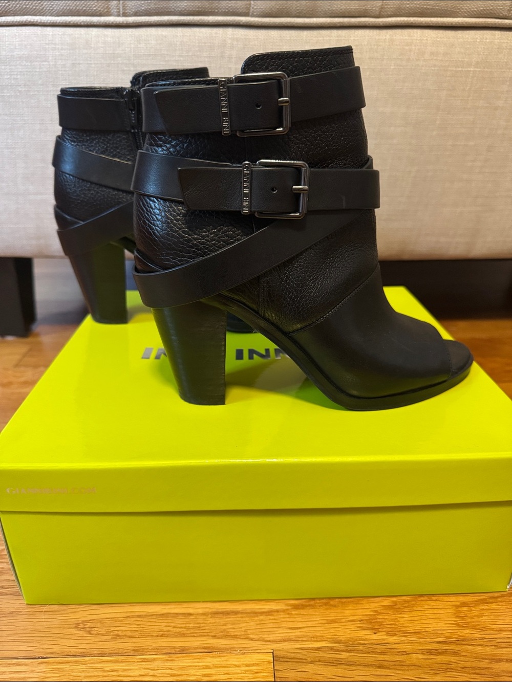 Gianni Bini Black Leather Zipper Ankle Boots with Peep Toe and Decorative Buckle